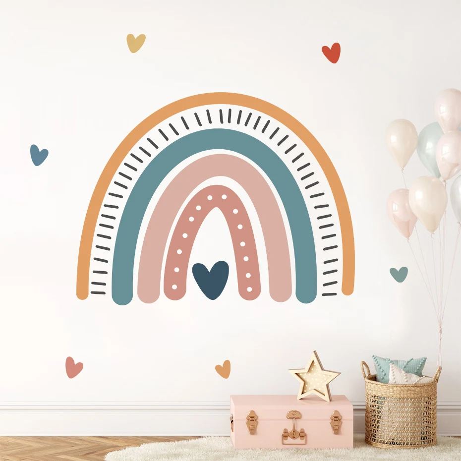 Cartoon Rainbow Heart Nursery Wall Sticker Vinyl DIY Removable Wall Decals Kids Girls Bedroom Playroom Interior Home Decor