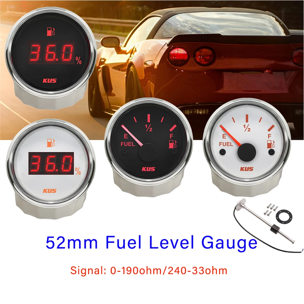 KUS 52mm Fuel Level Gauge Meter 0-190ohm 240-33ohm with Red and Yellow Backlight 9-32V Fuel Sensor 150mm 175mm 200mm 225m 250mm