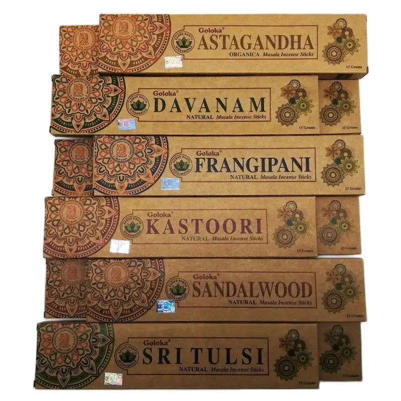 Ecological incense Goloka Pack 12 boxes of 15 grams ASTHAGHANDA, SANDALWOOD, SRITULSI, DAVANAM, FRANGIPANI, KASTOORI