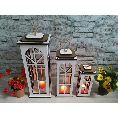 Boss Group Wooden Triple Lantern Set Candle Holder Oil Lamp Brown