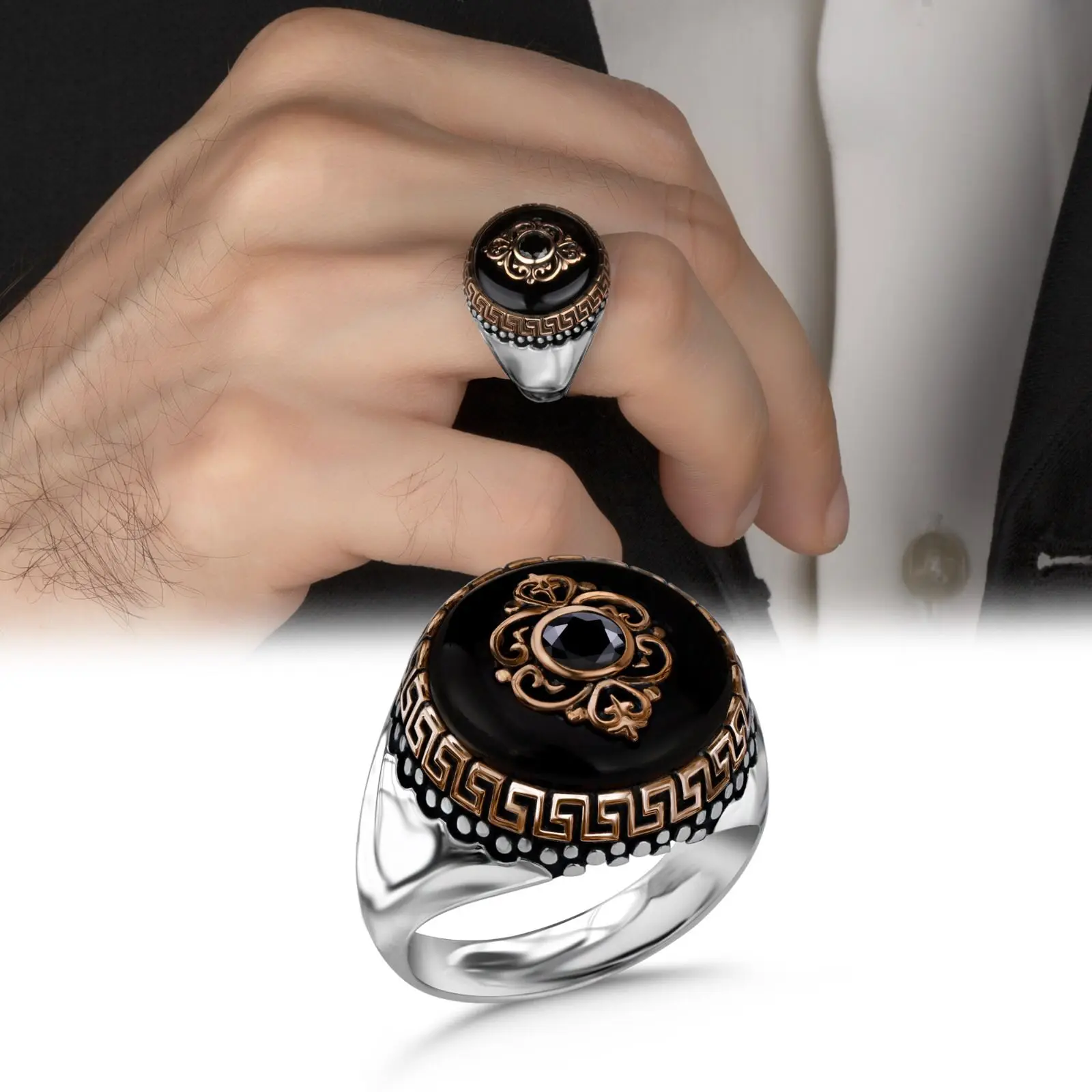 

Elegant Round Design Sterling Silver Tiger Eyes Agate And Zirconia Biker Men's Ring Business Jewelery Gift Him Accesory