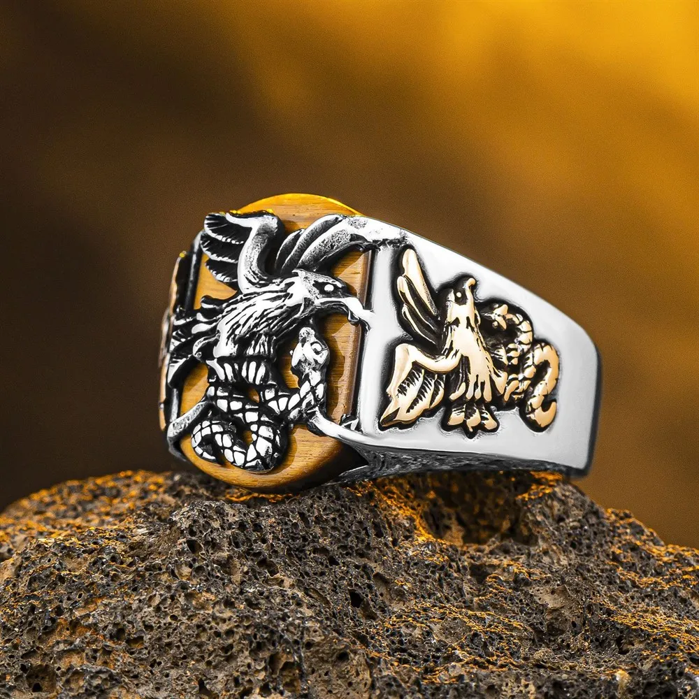 Elegant Eagle And Snake Design Sterling Silver Brown Tiger Eye, onyx And Agate Men's Ring Jewelery Gift For Him Animals