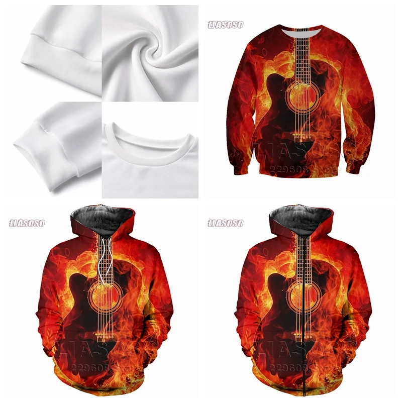 LIASOSO New Fashion All Over Printed Burning Guitar pattern Sweatshirt Men Women Zip Hoodie Crewneck Pullover