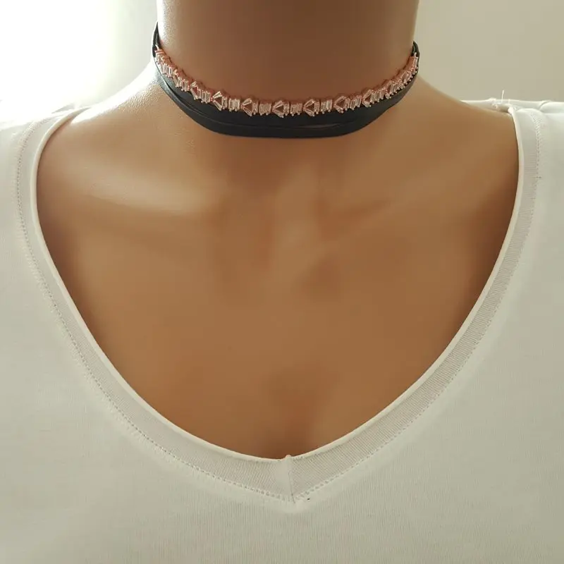 Black Leather Choker Women Necklace 925 Sterling Silver Fashion Jewelry Made in TURKEY