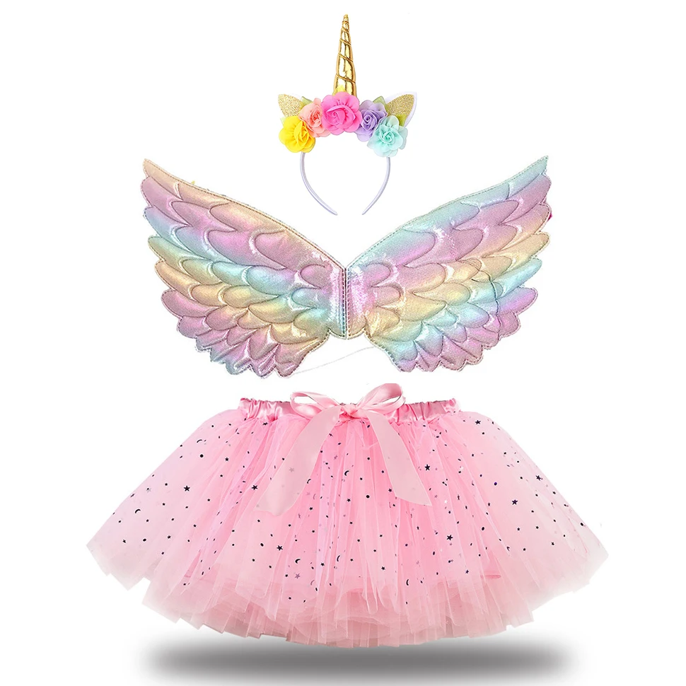 Festa de aniversário da menina fantasia, unicórnio chifre headband, bonito fada asa e faísca tutu saia set, princesa roupa cosplay