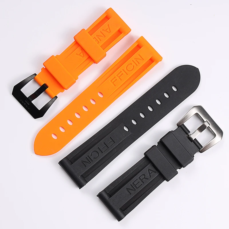 PCAVO Black Orange 22 24 26mm Rubber Watchband For Panerai Watch Strap Silicone Waterproof Tape Wrist Bracelet