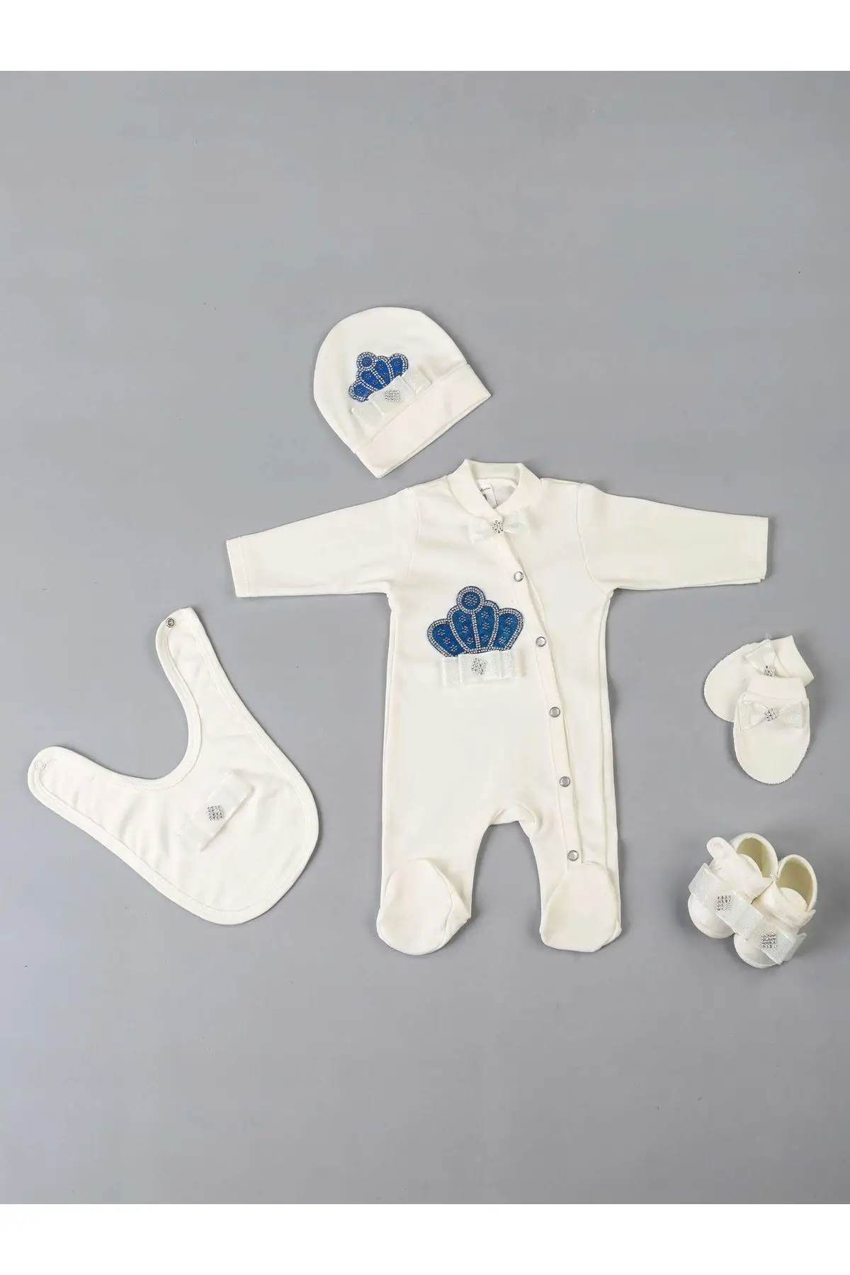 Navy blue King Crowned Male Baby 5 li Jumpsuit Set