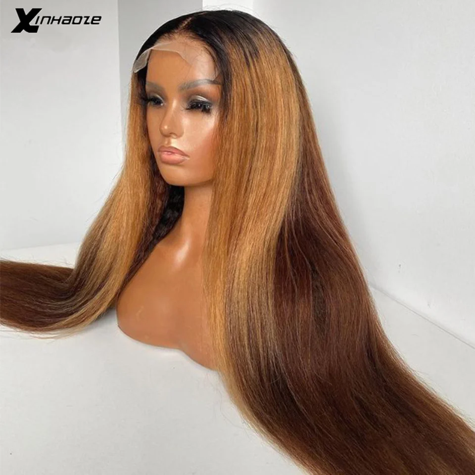 26 Inch Preplucked Highlight Ombre Honey Blonde Yaki Straight Human Hair Scalp 5x5 Silk Top Wigs Transparent 13x6 Lace Front Wig