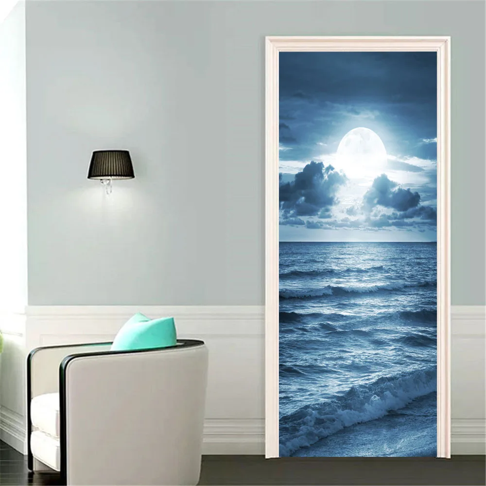 Moon Over Sea Closet Door Sticker Explosion Planet Mysterious Universe 3D Mural Wall Wallpaper Bedroom Living Room Deurstickers