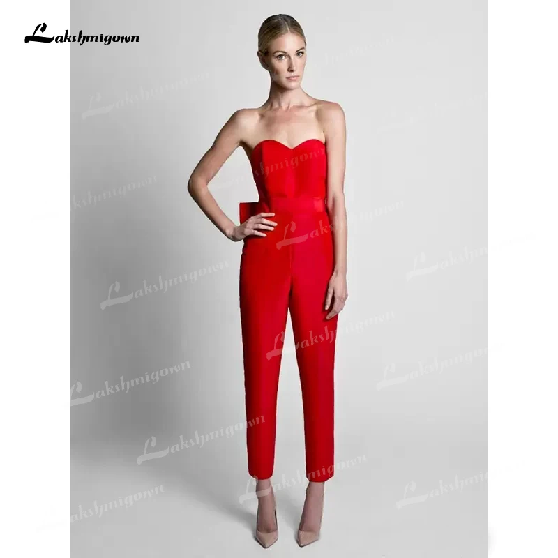 Bescheiden Red Jumpsuits Trouwjurken Met Afneembare Rok Strapless Bruid Gown Bridal Party Broek Voor Vrouwen Custom Made