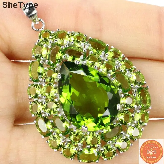 

45x30mm 9.0g Top Long Big Green Peridot Pink Tourmaline Smokey Topaz Women Dating Real 925 Solid Sterling Silver Pendant