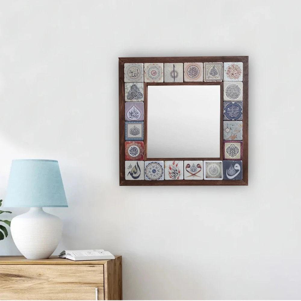 Handmade Wall Mirror Decorative Natural Stone Wooden Framed Art Decor Vintage Mosaic Printed Tile Square Gift Hang 33cmx33cm