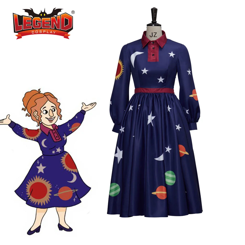 The Magic School Bus Miss Frizzle Costume Cosplay 3D Printed Sun Moon Star Dress Teacher Costume Dress Vintage for Women Adult