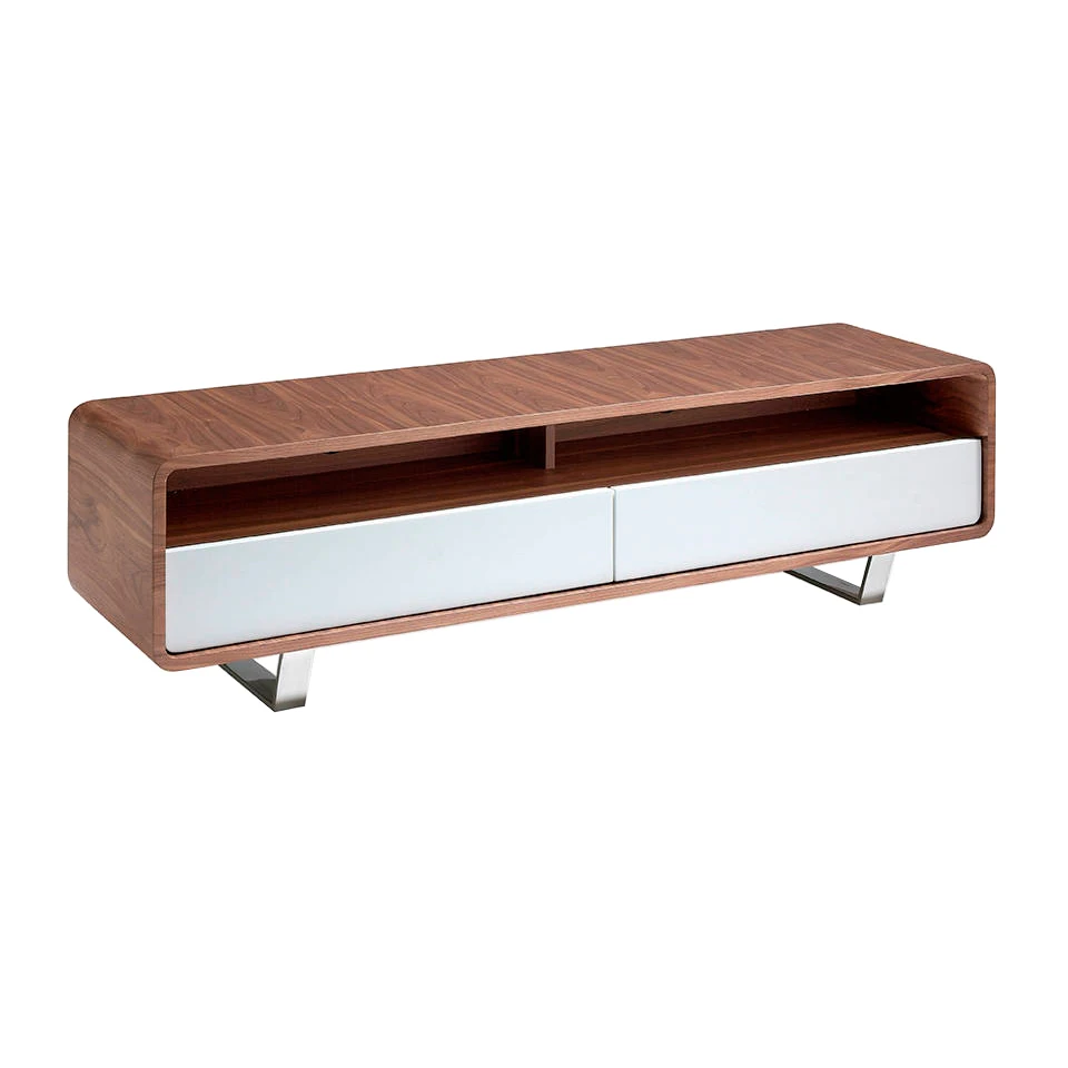 Furniture TV 3046 Angel Cerdá-TV furniture in walnut-plated Wood with two drawers with fronts in DM lacquered white gloss and legs of chrome stainless steel.