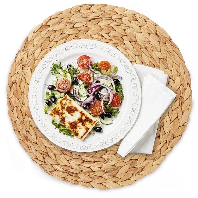 4 Pcs Natural Water Gourd Woven Placemat Round Woven Wicker Mat Rattan Table Mat Round Pad Woven for Dinner Tropical Wedding