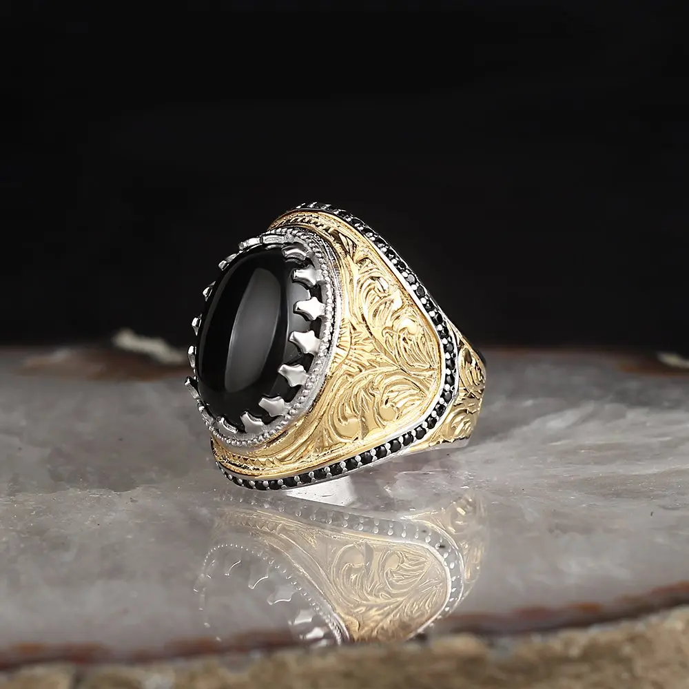 

Onyx Stone Pen Processing Silver Men 'S Ring