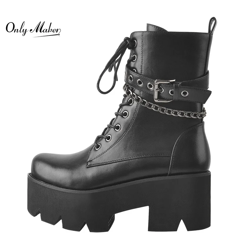 Onlymaker Women Round Toe Boots Metal Chain Platform Lace-up Matte Black Zipper Big Size Fashion Booties