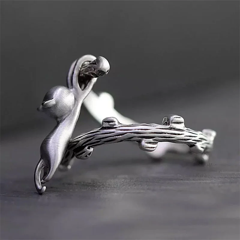 Vintage Nette Klettern Baum Katze Anhänger RingeFür Frauen Männer Persönlichkeit Silber Überzogene Dornen Tier Ring Unisex Finger Schmuck – Detail 3
