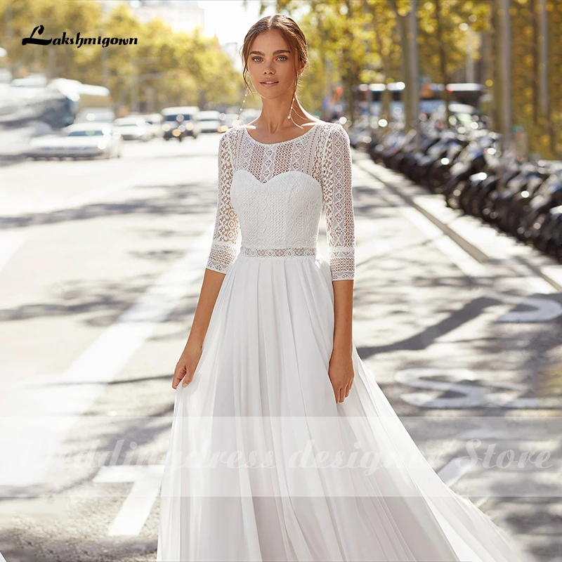 Lakshmigown Böhmischen Spitze Hochzeit Kleider 2023 Backless Mit Drei Vierteln Strand Chiffon Brautkleid für Braut vestido de novia