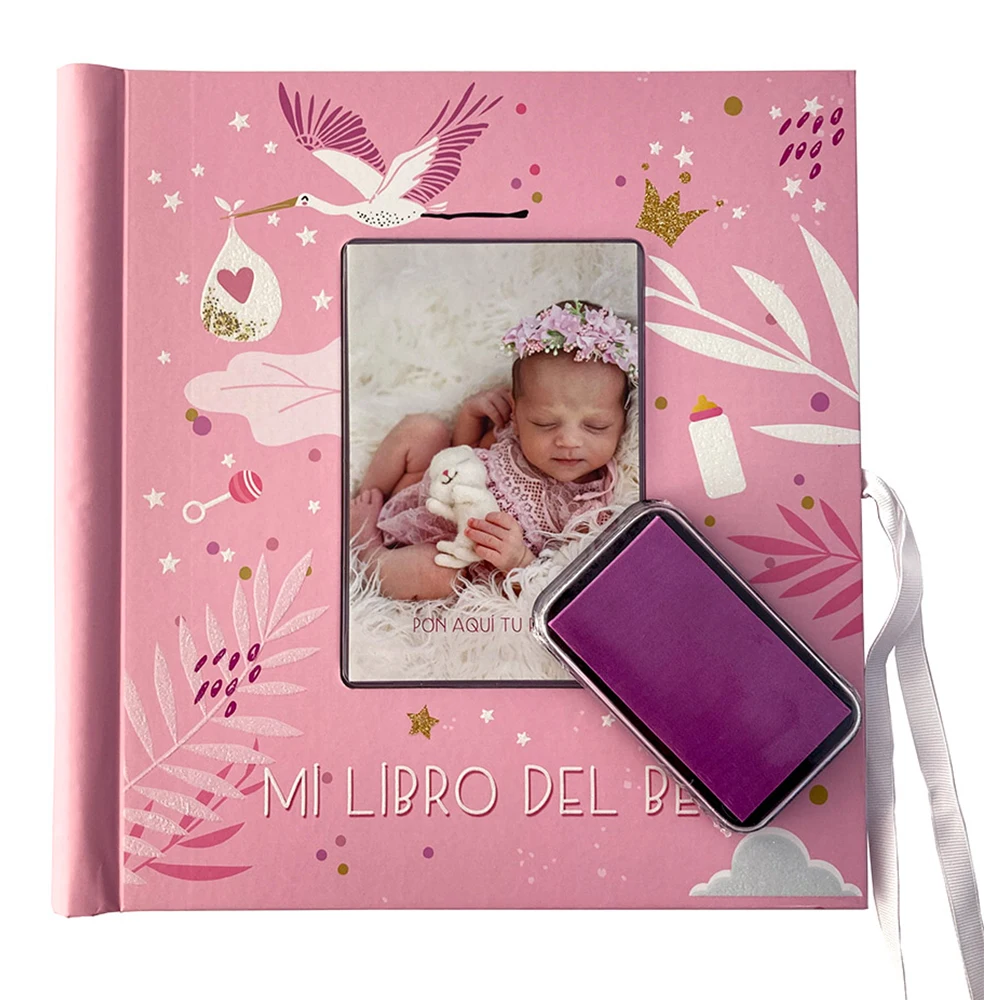 My baby book Mod. Girl with cover and pink tampon cover | Size 29x28 cm | Souvenir book with 44 full color pages for writing, pasting photographs, stamping footprints and hands | Arguval