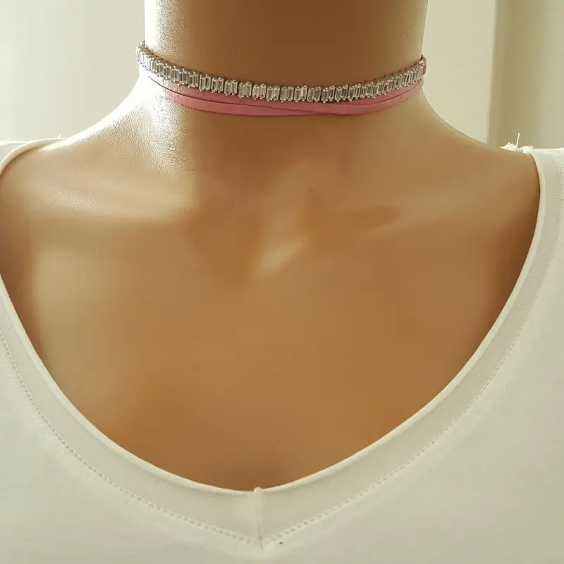 Pink Leather Baquette Choker Women Necklace 925 Sterling Silver Fashion Jewelry Made in TURKEY