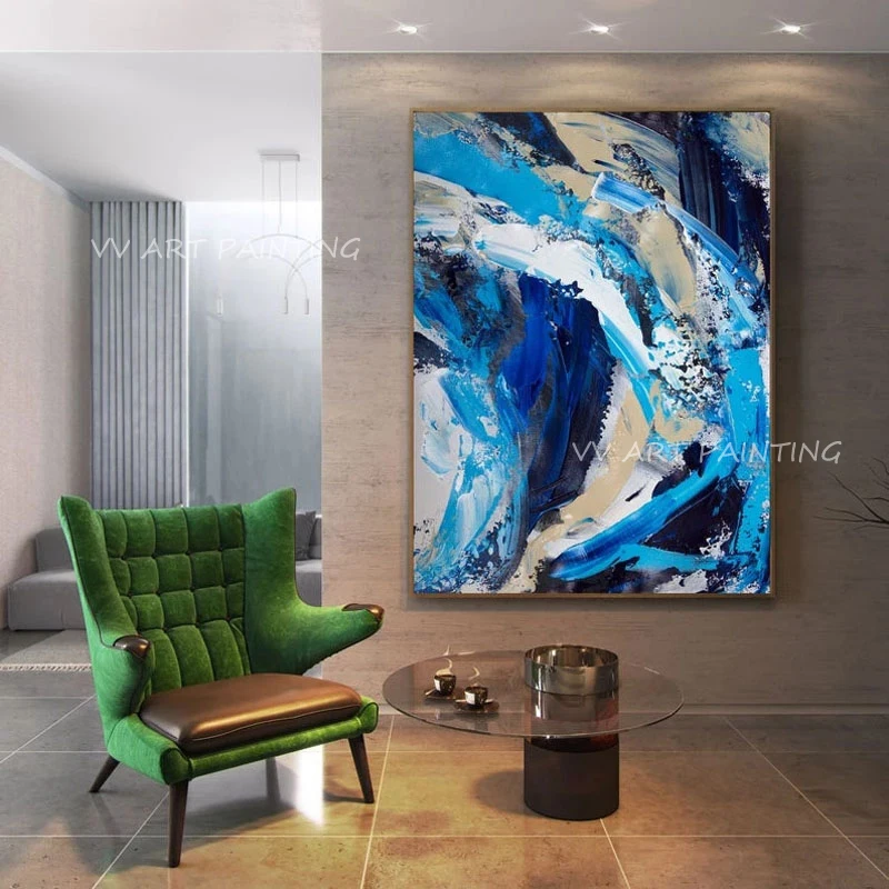 Modern Nordic Vibrant Blue Abstract Oil Painting, Handmade Impasto Vertical Canvas Art, Large Unframed Statement Wall Decor Gift