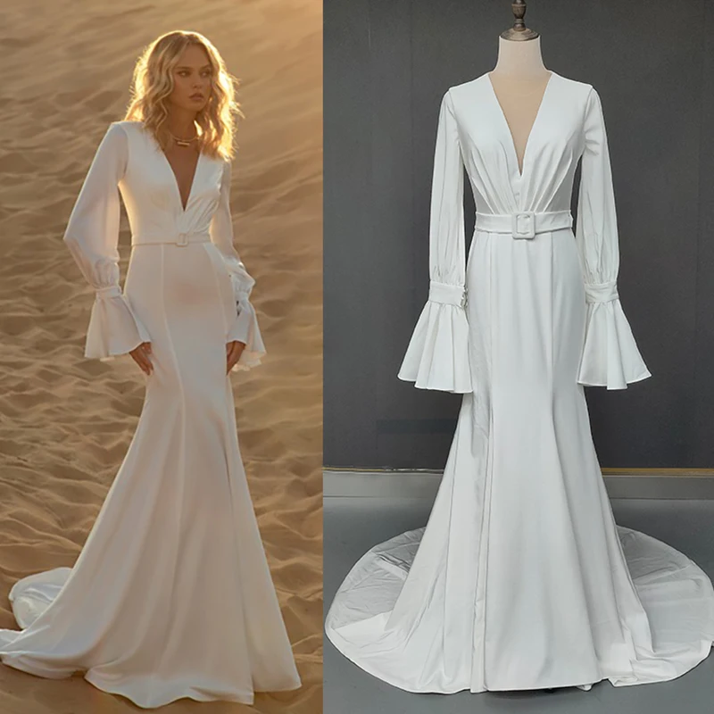 Mermaid Long Bell Sleeves V Neck Wedding Dress Customized Drop Fit and Flare Ship Simple Pleated Satin Bridal Gowns with Belt