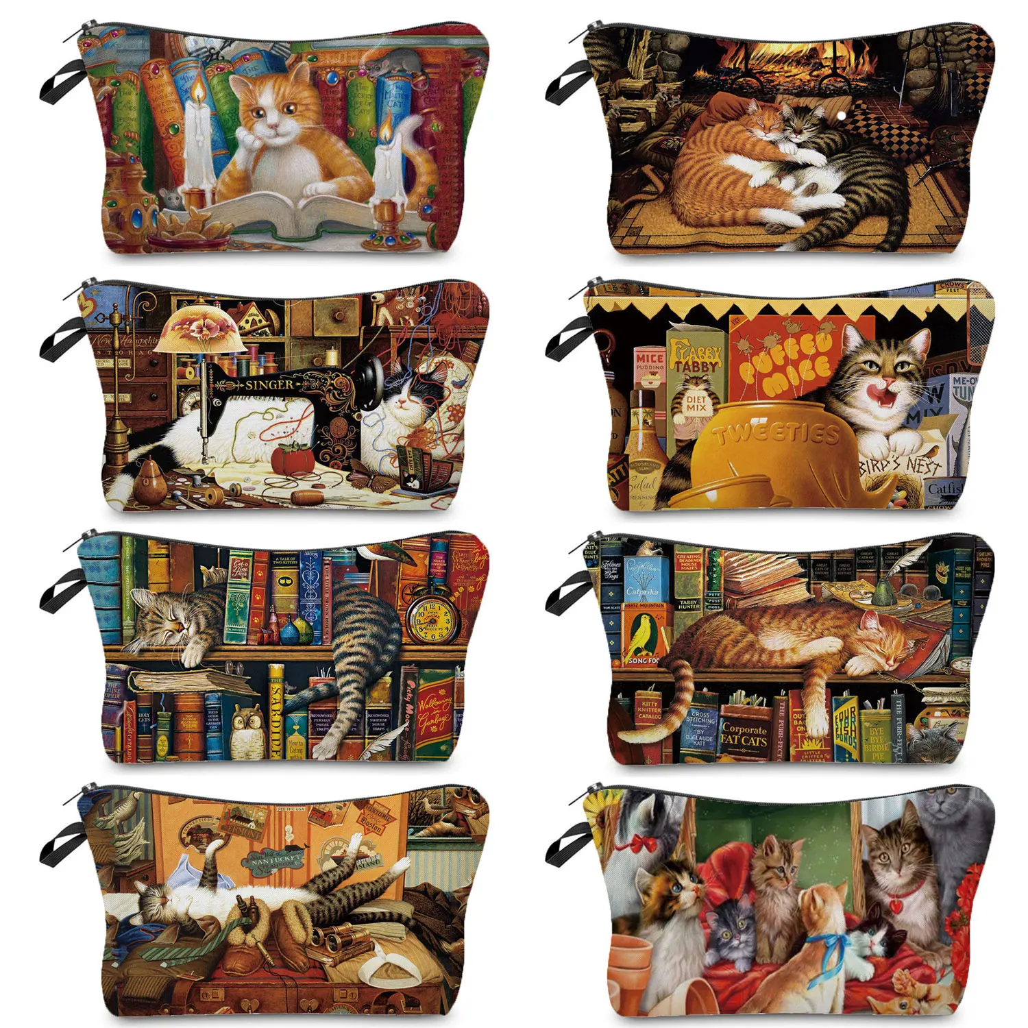 Oil Painting Cat Printing Make Up Bag Women\'s Cosmetic Bag Female Portable Travel Snack Storage Bag Multifunction Pen Box