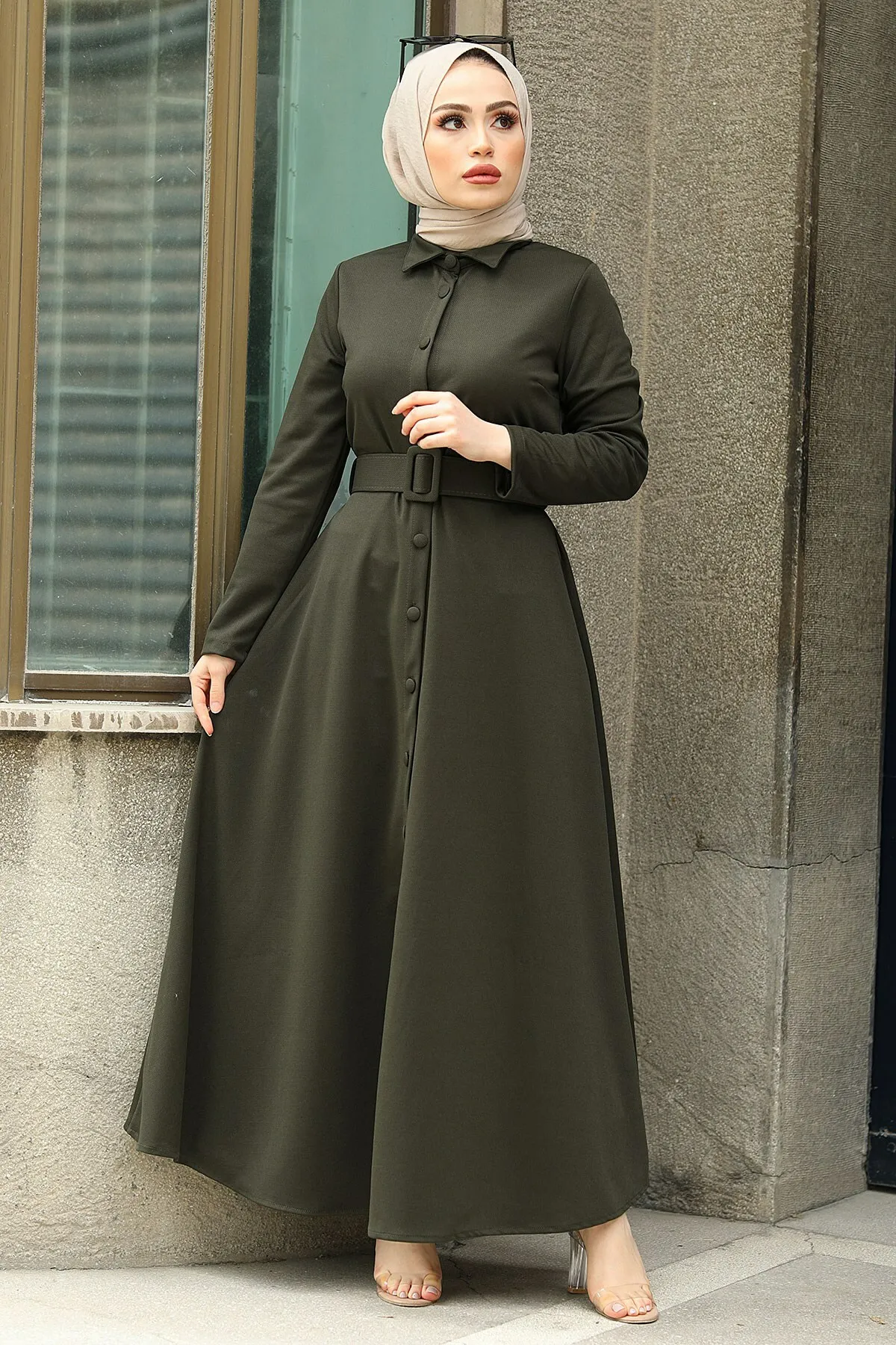 Es Ropa mujer musulmana Hijab vestido islámica vestido de Abaya abotonado cinturón traje mujeres árabe Abaya musulmán turco turbante árabe Abaya