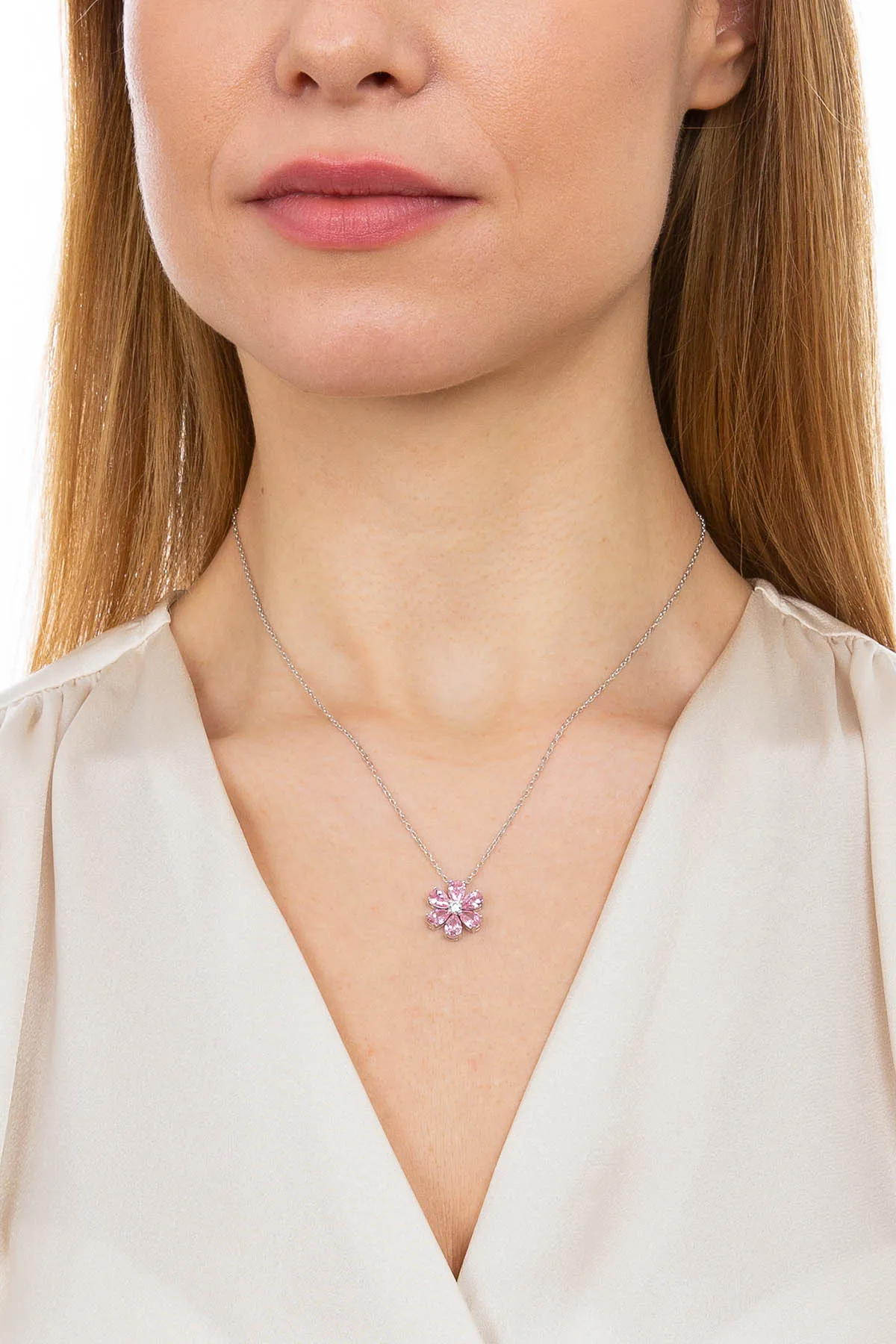 Valori Jewels Forget Me Not Necklace , 2 Ct Zircon Pink Pear Gemstone , Rhodium Plated ,925 Silver, Fine Jewelry