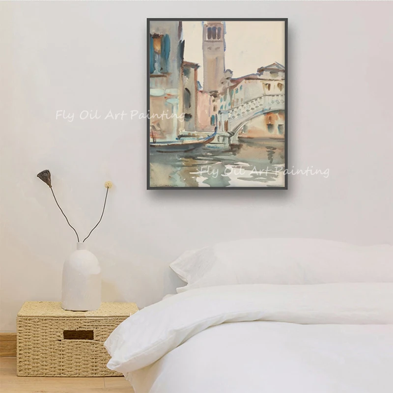 100% hand painted modern city building bridge with river and boat romantic picture Oil Painting on Canvas Art Classic Cuadros