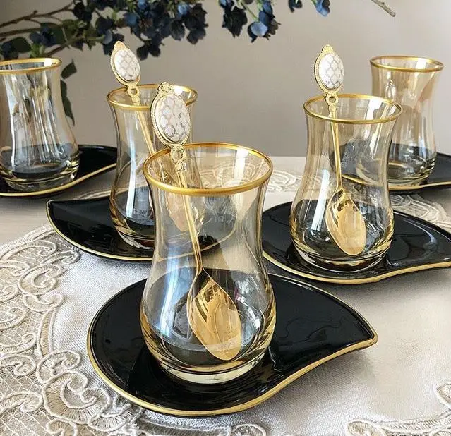 WONDERFUL LUX Black Gold Plate 12 Piece Tea Glass Tea Plate Tea Set.