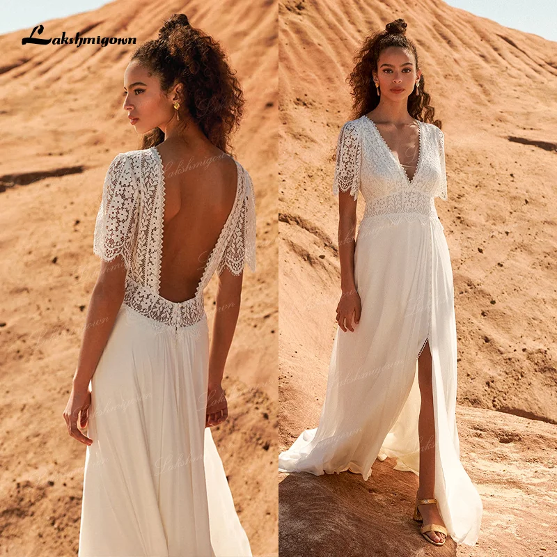 

Sexy Split Lace Chiffon Wedding Dresses 2021 Short Sleeve V Neck Robe Mariee Simple Beach Open Back Bridal Gown vestido de novia