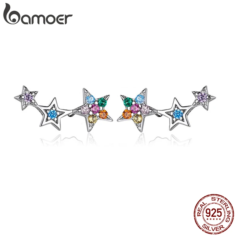 bamoer Rainbow Multiple Crystal Star Stud Earrings 925 Sterling Silver Earrings for Women Engagement Jewelry Five-pointed Star