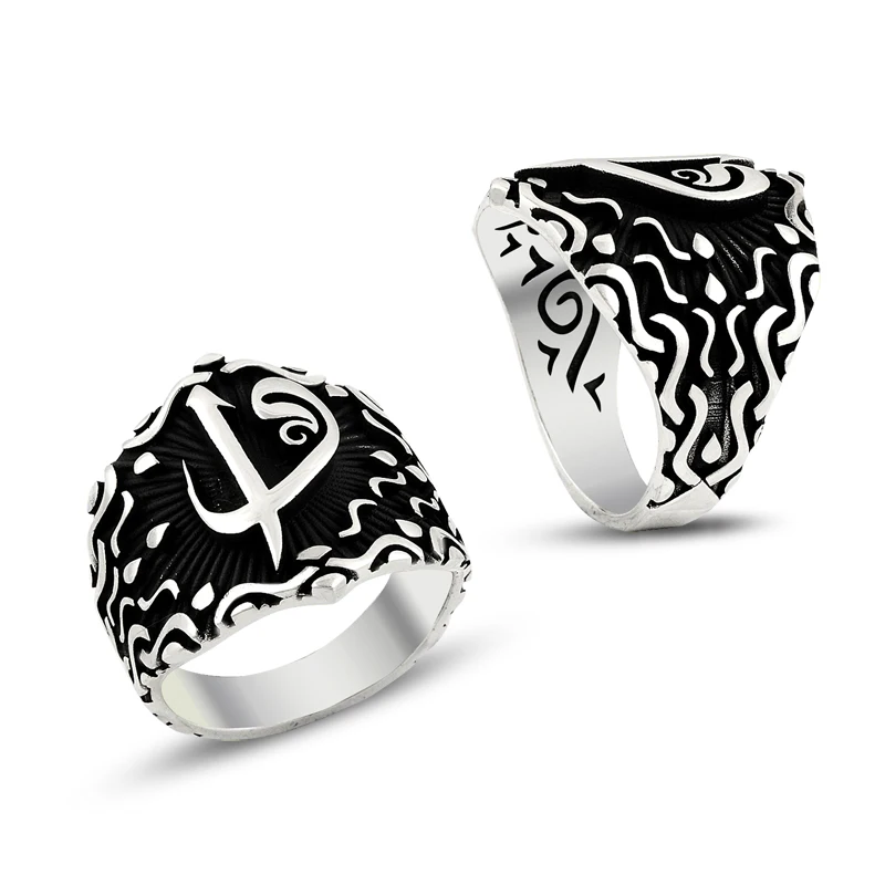 925 Silver Handmade Art Design Alif Waav Arabic Letter Ring for Men