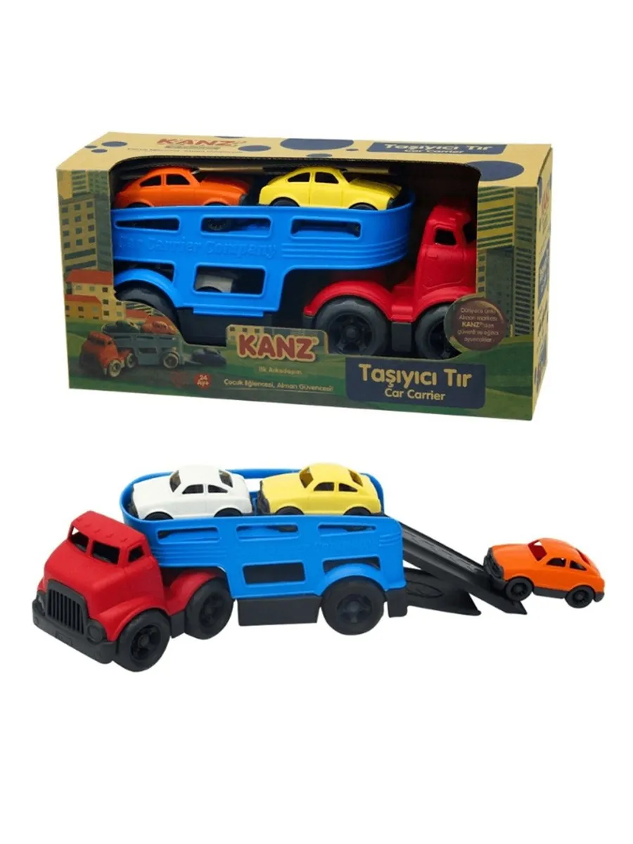 The 5-piece set on the Kanz double-decker car transporter includes a cabin with a detachable trailer, 3 different colored cars.