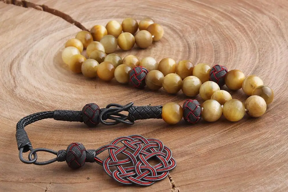 Islamic Tesbih Oval Shape Natural Tiger Stone Prayer Beads Tasbeh Handwork 1000 Sterling Silver Tassel