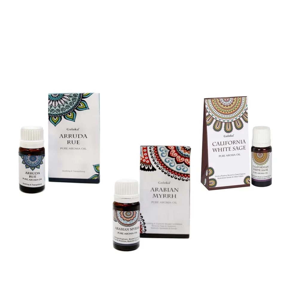 PACK ESENCIAS GOLOKA RUDA MIRRA WHITE SAGE - 3 BOTES DE 10ML CADA UNO - 30ML EN TOTAL