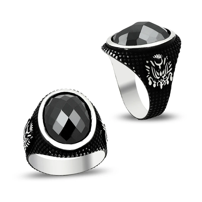 925 Silver Ottoman Emblem Printed Casual Rings for Men