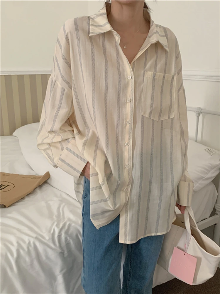 New 2022 Korean Fashion Vintage Striped Oversized Casual Pockets Shirts Women Spring Summer Elegant Blouses Lady Tops BL9507