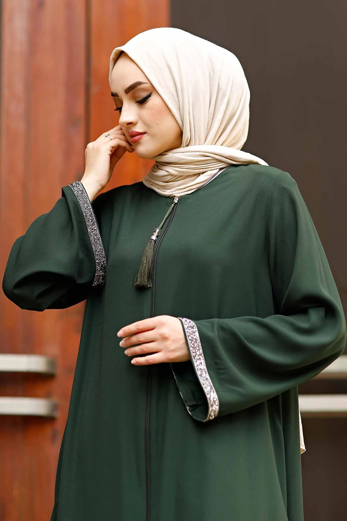 Front Zippered Arms Stone Abaya Dress Turkey Muslim Fashion Islam Clothing Dubai Istanbul Istanbulstyles 2021