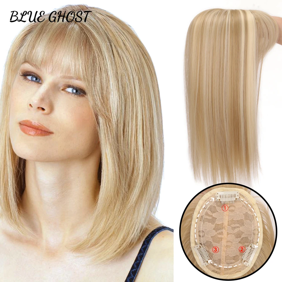 Synthetic Replacement Wig With Bangs Top Hair Pieces Half Head Cover White Hair Straight Natural Invisible Replacement Fake Hair