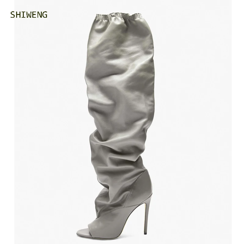 

Women Over The Knee Boots Sexy Stiletto High Heels Open Toe Elastic Thigh High Boots Elastic Band Boots Spring Party Shoes 44