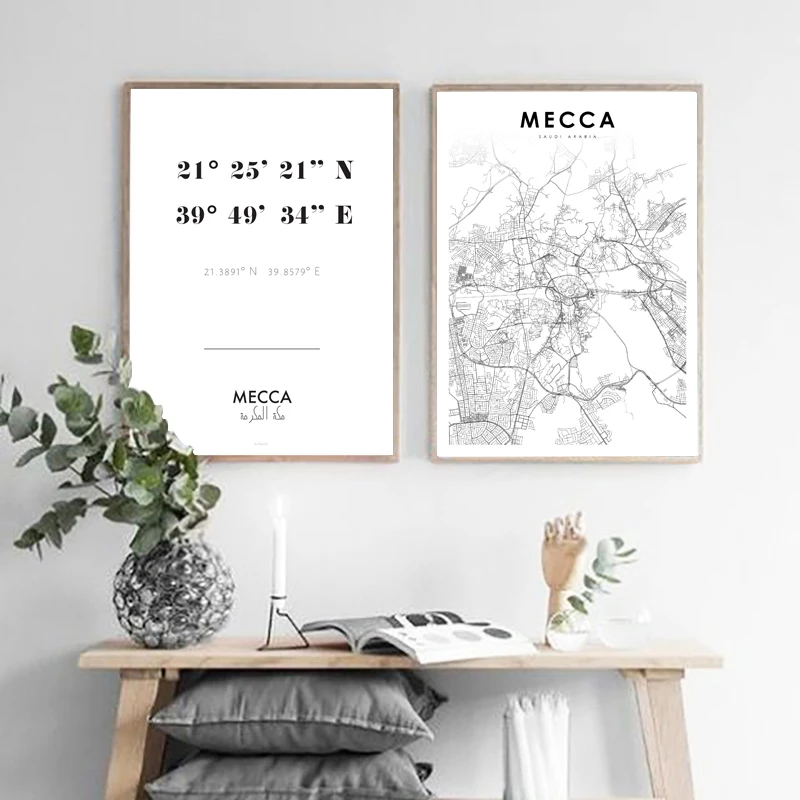 Mecca Saudi Arabia Map Art Prints Black White Minimalist Poster Islamic Wall Art Canvas Painting Picture Living Room Home Decor