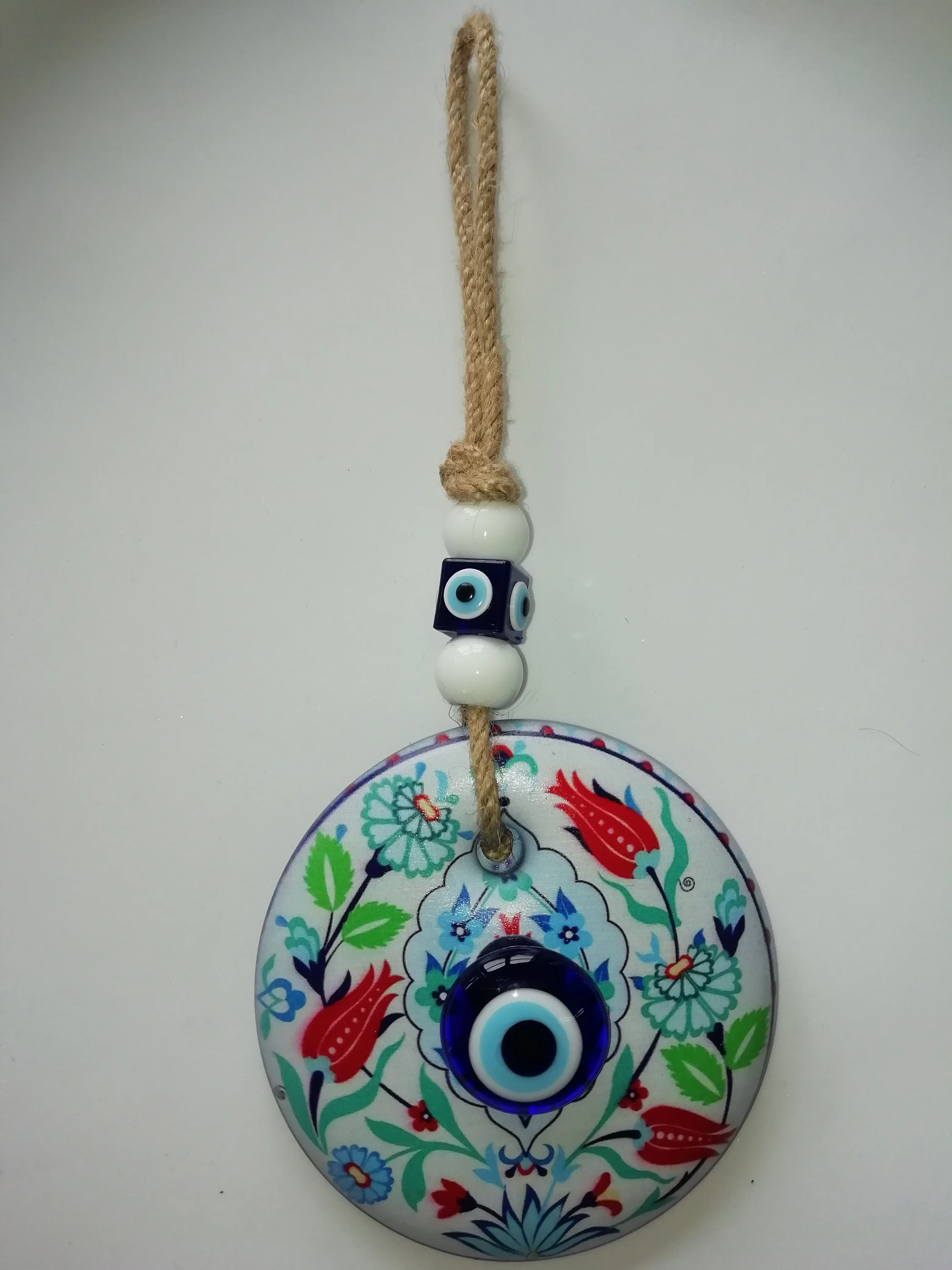 Big Size-11 cm Diameter-  Ottoman TulipPatterned Glass Blue Evil Eye Wall Hanging Ornament – Turkish Nazar Bead - Ho