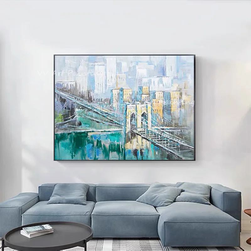 Bridge Thick Knife Building 100% Handmade Large Modern Abstract Oil Painting for home kitchen office decoration artwork gift