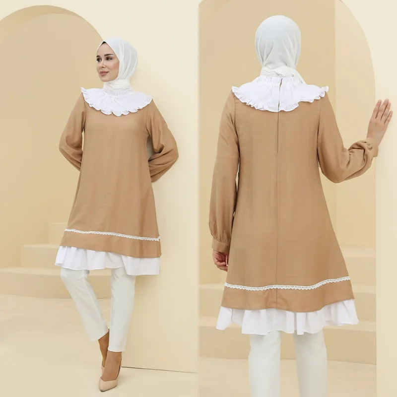 2021 New 4 Seasons Muslim Women Pocket Viscose Tunic Shirt Collar Long Sleeve Turkey Model Indoor Female Casual Dress