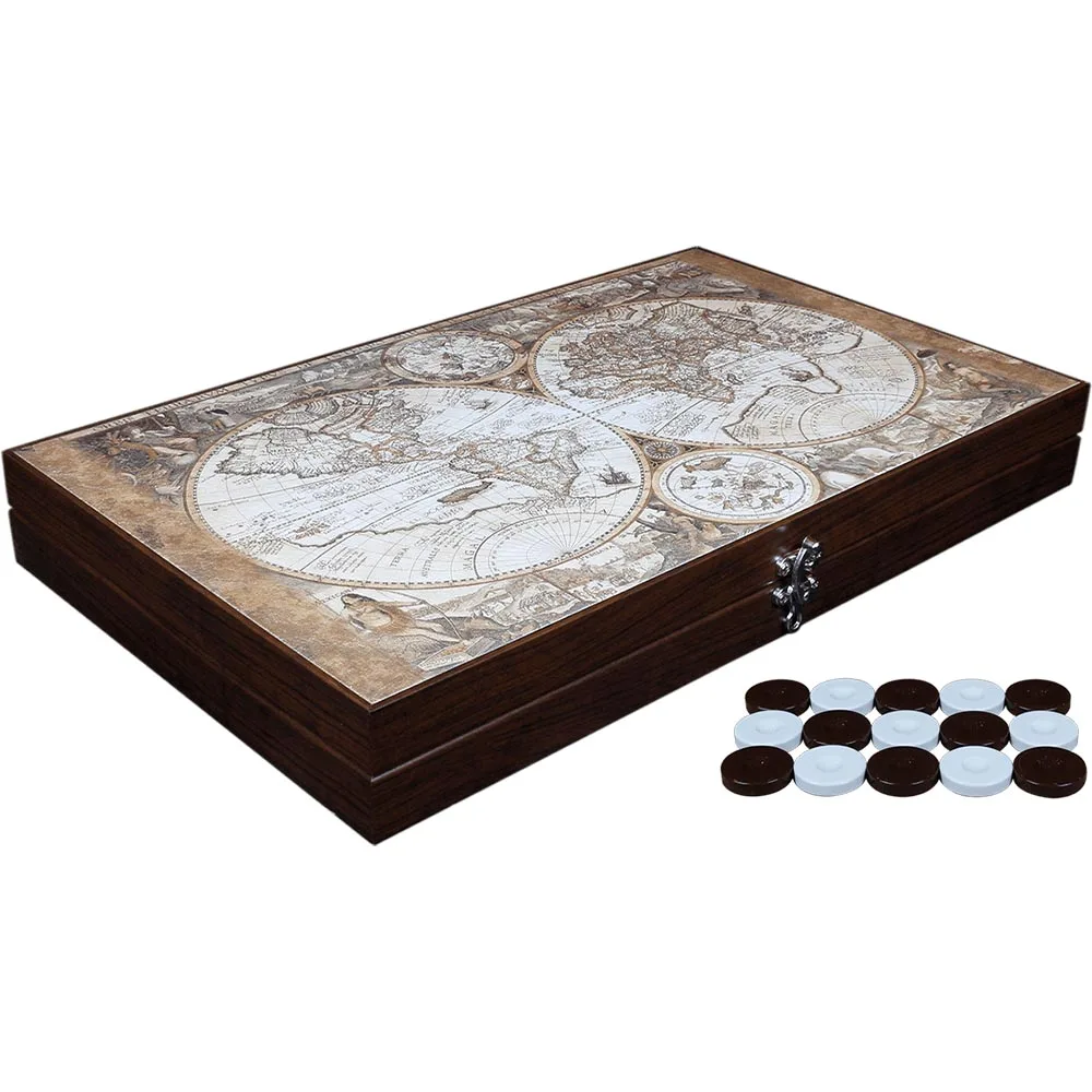 Antique Map Board Game Leather Backgammon Luxury Set Checkers With Chip Dice