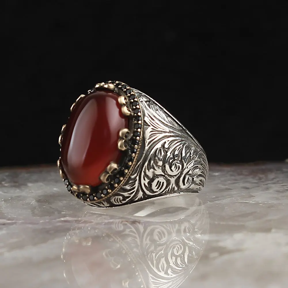 Red Agate Stone Pen İşçilikli Silver Men 'S Ring