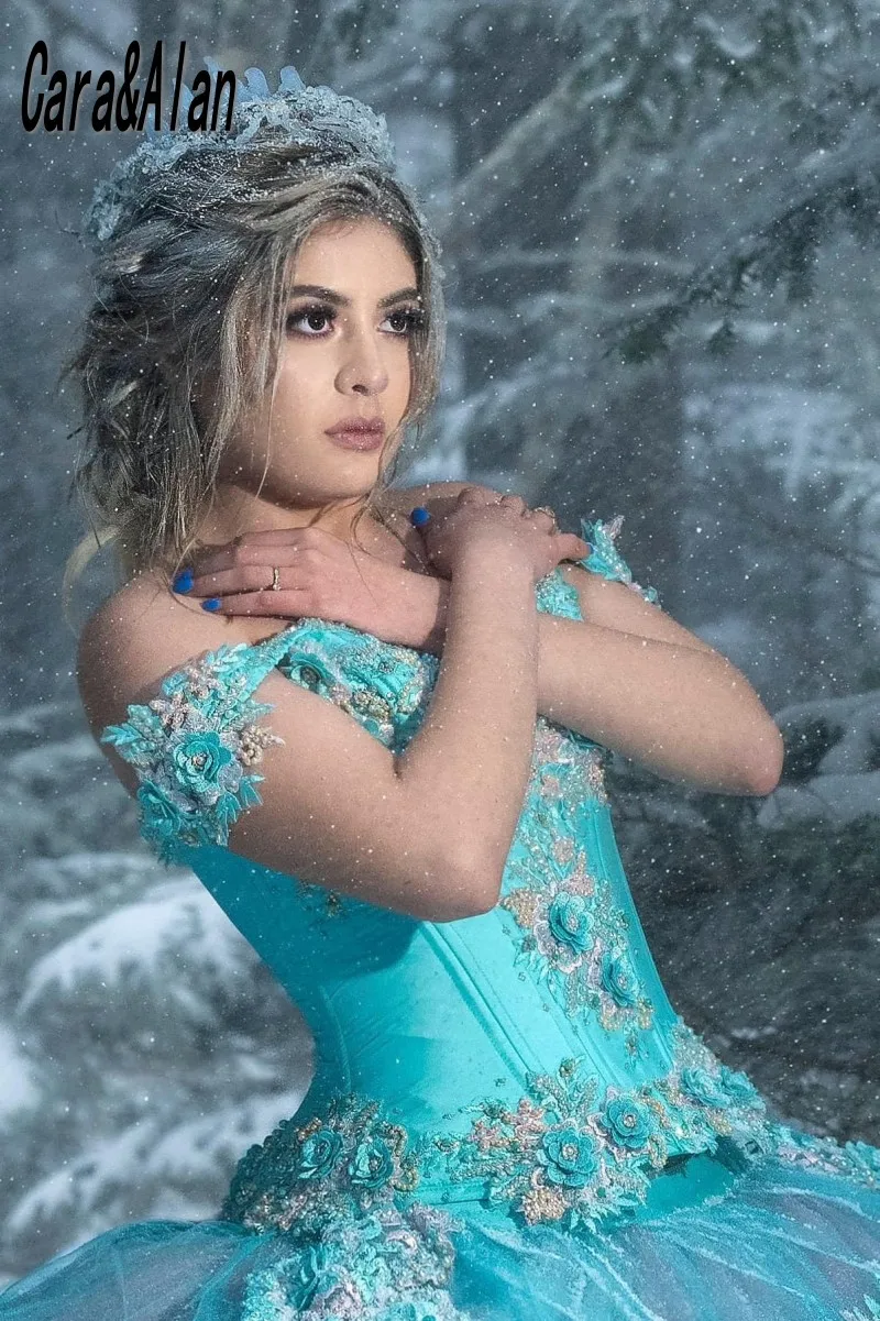 Cara&Alan Off the Shoulder Turquoise Quinceanera Dresses Floral Beading vestidos de xv años Custom Made Sweet 15 Prom Gowns